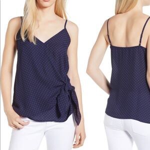 Gibson Navy Blue Polka Dot Tie Front Flowy Sleeveless V-Neck Tank Top. Small.